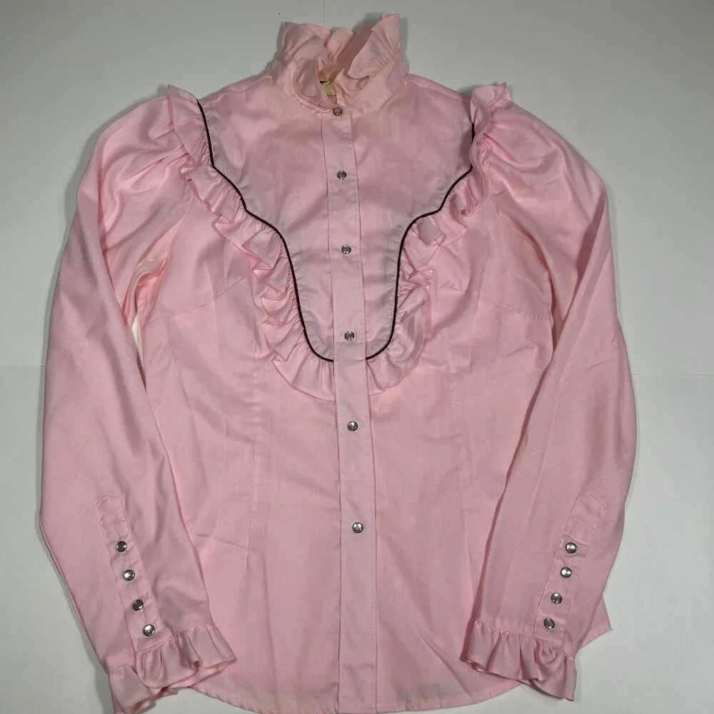 Vtg Fenton Western Women Prairiecore Ruffle Pearl Snap Shirt Top Pink Sz 14 Flaw - Picture 3 of 9
